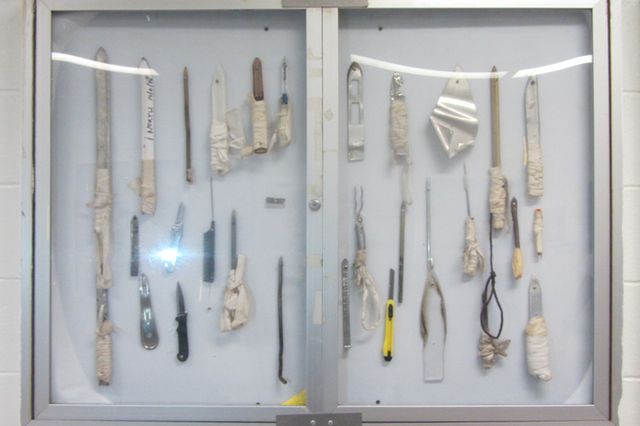 Confiscated shivs on display at Rikers Island.
